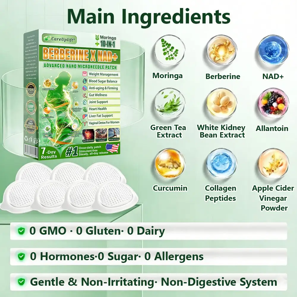 CareUplift® Moringa · Berberine × NAD+ 10-in-1 Slimming & Firming Microneedle Patch